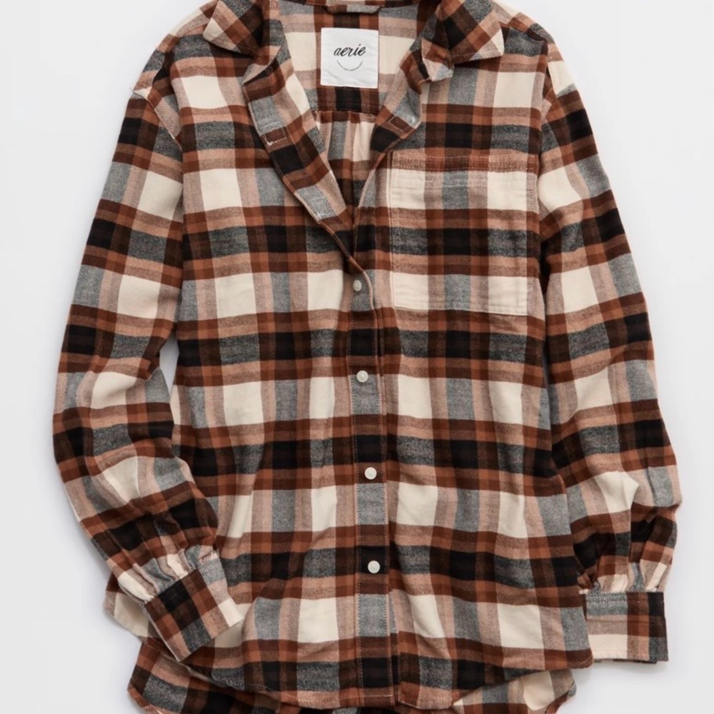 Aerie Checkered Shirt in Brown and Cream